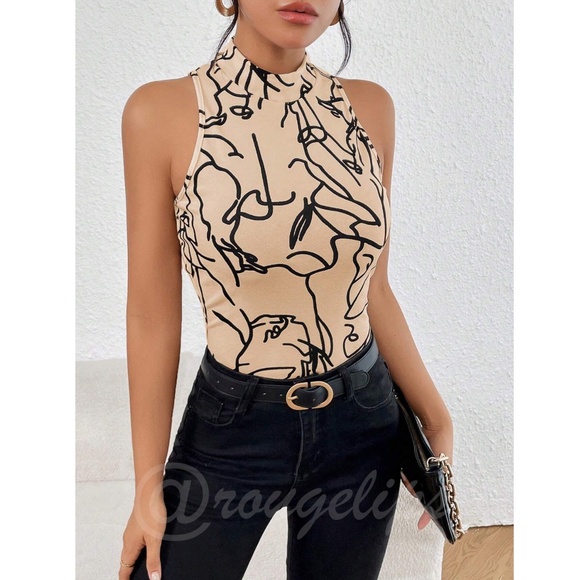 Abstract Face Print Tan Sleeveless Top Slim Fit High Neck - Picture 2 of 9